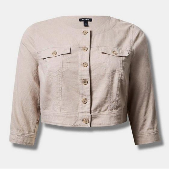 Torrid Tan Linen Blend Cropped Collarless Lightweight Button Down Jacket, size 1 - Picture 4 of 5